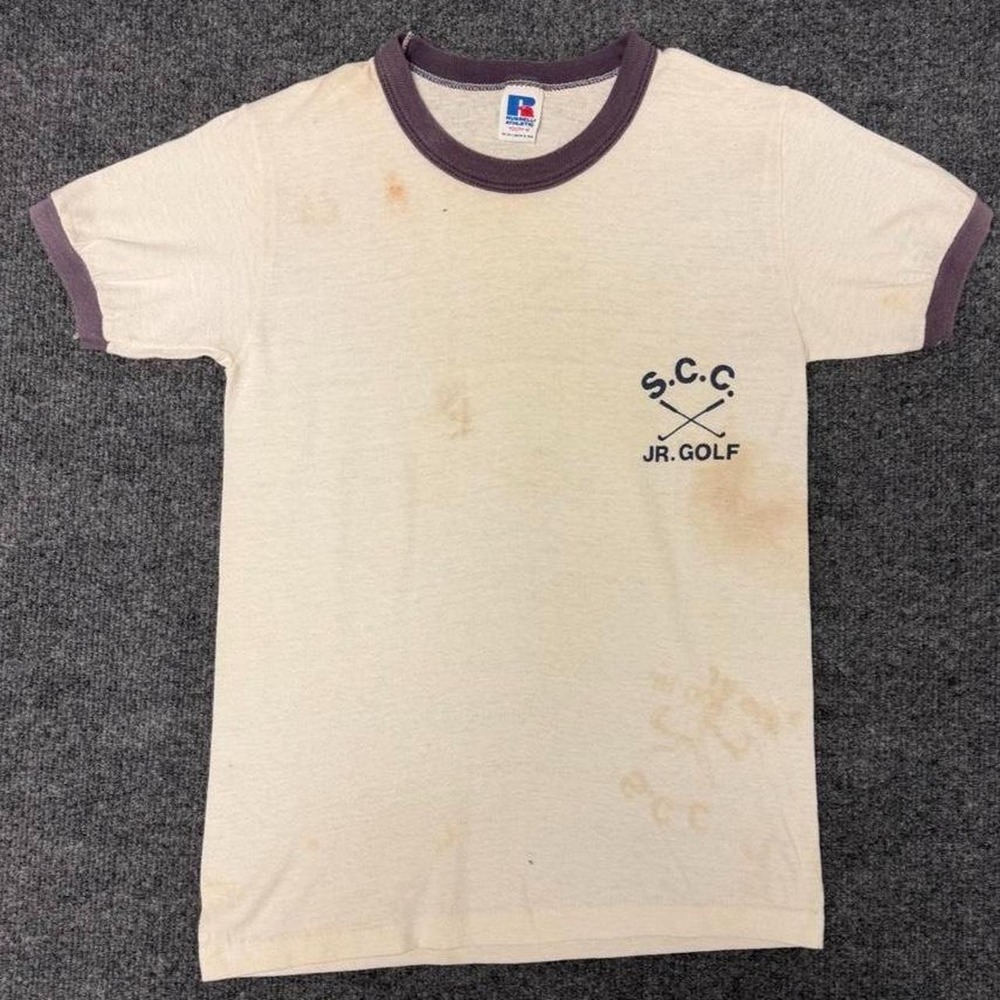 Vintage 80s Russell Athletic Jr Golf Ringer Shirt Cream Tan Youth M Mens XS